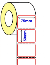 Decal nhiệt giấy in tem nhãn 75x50mm, cuộn 30m. 1 tem/hàng